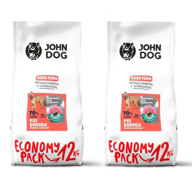 Kody rabatowe JOHN DOG Good Form Wieprzowina z wołowiną Adult Średnie i duże rasy  - sucha karma dla psa - 2x12 kg