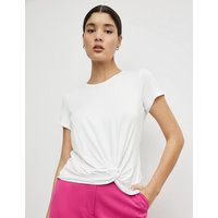 Kody rabatowe TAIFUN Damski T-shirt z marszczonymi detalami 60cm krótkie Okrągły Biały Jednokolorowy