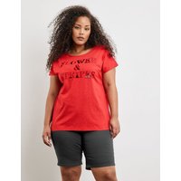 Kody rabatowe Gerry Weber - SAMOON Damski T-shirt z ozdobnym napisem 68cm Obniżone ramiona Okrągły Czerwony Jednokolorowy