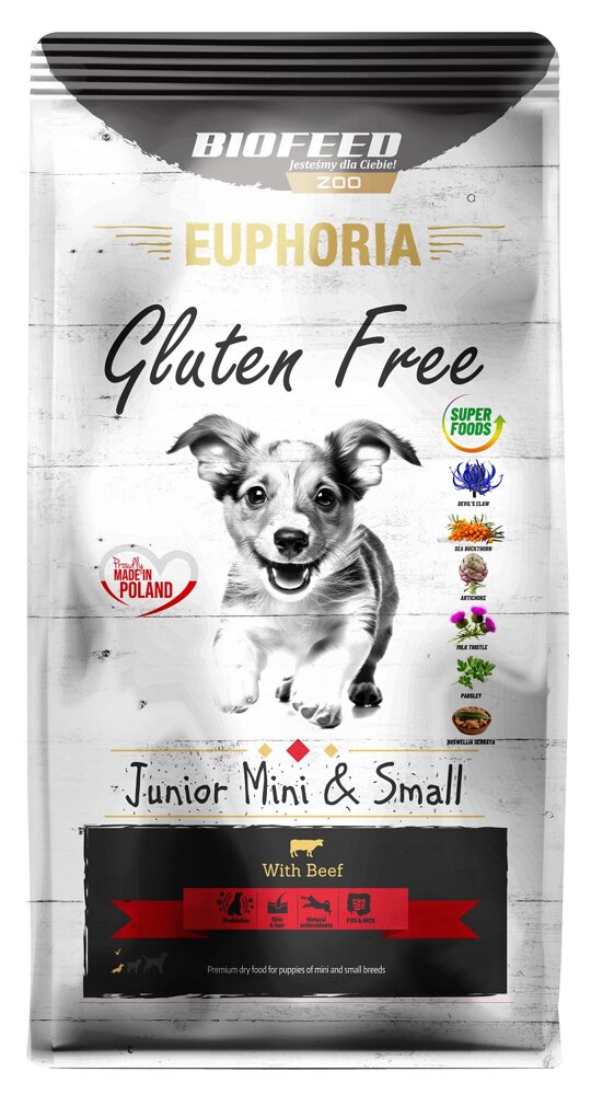 Kody rabatowe BIOFEED Euphoria Gluten Free Junior mini & small Wołowina - sucha karma dla psa - 12 kg