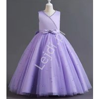 Kody rabatowe Długa suknia dla dziewczynki wieczorowa tiulowa z perełkami lawendowa 108
