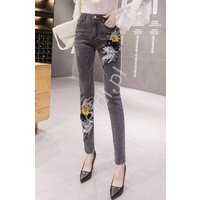 Kody rabatowe Czarne spodnie jeansowe bogato zdobione kwiatami 3D - 090