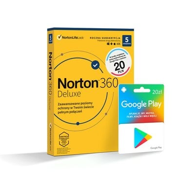 Kody rabatowe Antywirus NORTON 360 Deluxe 50GB 5 URZĄDZEŃ 1 ROK Kod aktywacyjny + Google Play 20 PLN