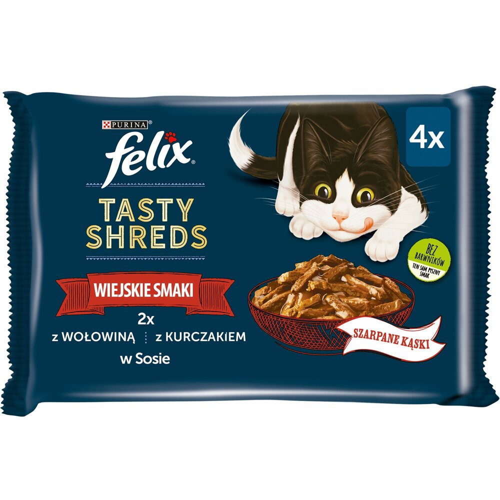 Kody rabatowe Krakvet sklep zoologiczny - FELIX Tasty Shreds z wołowiną i kurczakiem - mokra karma dla kota - 4x 80g