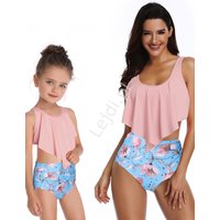 Kody rabatowe Lejdi.pl - Koralowo błękitne bikini dla mamy i córki z jasnoróżowymi kwiatami