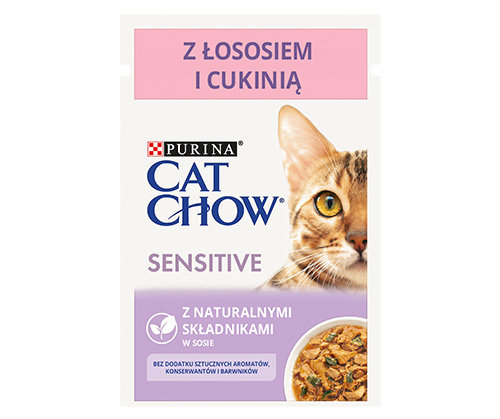 Kody rabatowe Krakvet sklep zoologiczny - Purina Cat Chow Sensitive z łososiem i cukinią w sosie - mokra karma dla kota - 85 g