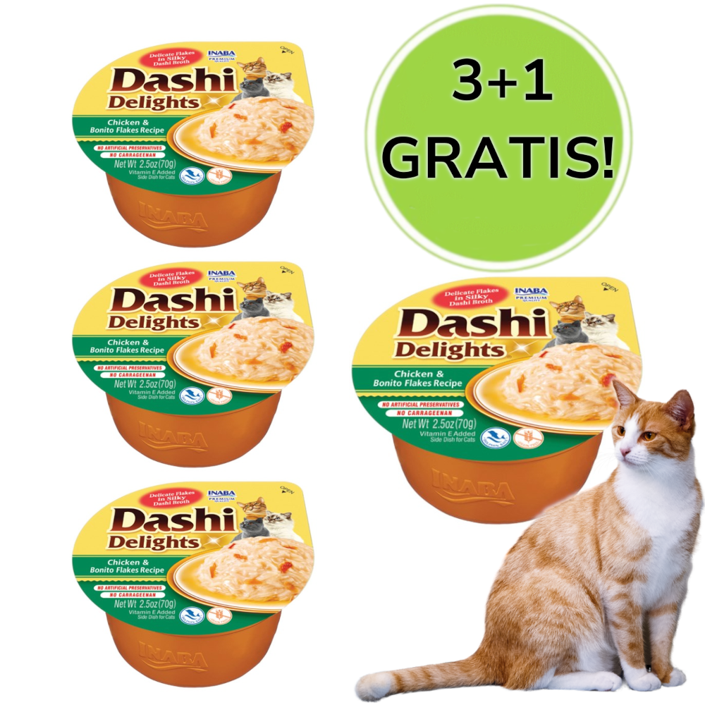 Kody rabatowe INABA Dashi Delights Kurczak z płatkami bonito w bulionie - przysmak dla kota - 3x70 g + 1x70 g Gratis!