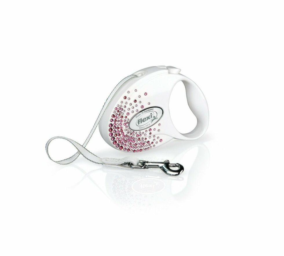 Kody rabatowe FLEXI Glam Splash Pink z kryształkami Swarovskiego rozm. S - smycz automatyczna - 3 m - biała