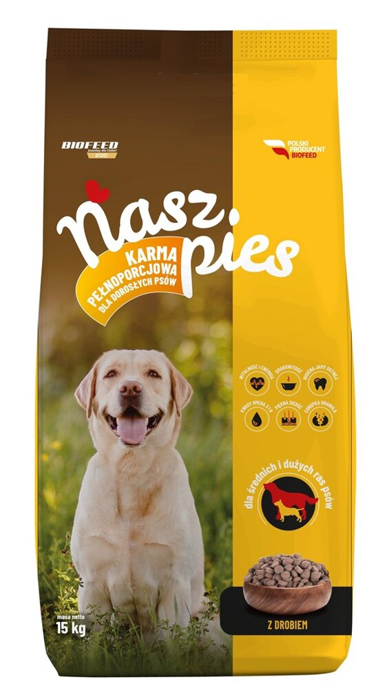 Kody rabatowe Krakvet sklep zoologiczny - BIOFEED Nasz Pies średnie i duże Drób - sucha karma dla psa - 15 kg