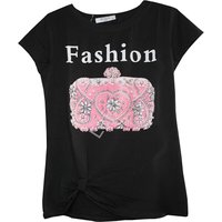 Kody rabatowe Lejdi.pl - Czarny T-shirt damski z napisem Fashion i zdobioną kryształkami torebką