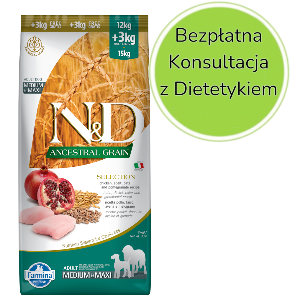 Kody rabatowe Krakvet sklep zoologiczny - FARMINA N&D Ancestral Grain Selection Adult Medium & Maxi - sucha karma dla psa - 12kg + 3kg