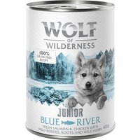 Kody rabatowe Korzystny pakiet Wolf of Wilderness Adult, 24 x 400 g - JUNIOR Blue River, kurczak i łosoś, w puszce